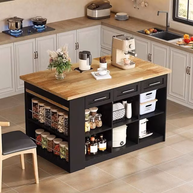 ?lot de cucina multifunzionale - Xylo - 150x96 cm - Nero - Tavola allungabile, piano laminato legno, armadi integrati