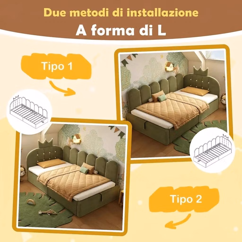 Letto singolo con contenitore idraulico Vovees Living in velluto verde con design a corona L/P: 90 x 200 cm – 2