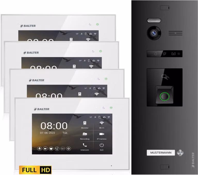 Videocitofono HD con impronta digitale e RFID per case monofamiliari, 4x monitor, Balter EVO HD Fingerprint