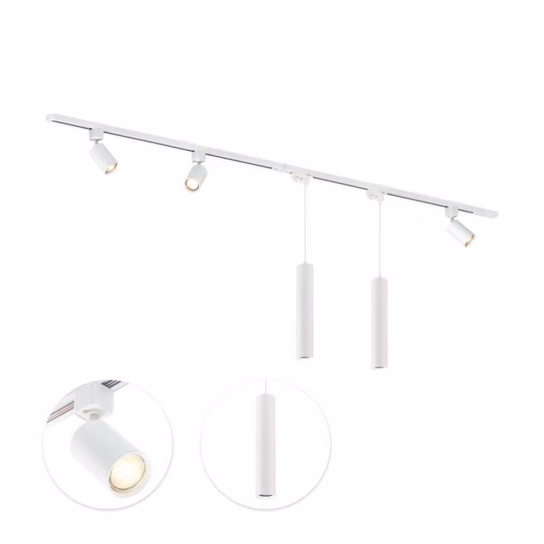 Qub Focus III - Set completo sistema binario LED - Bianco - Monofase - 200 cm - 3 faretti e 2 lampade a sospensione - Forma a I