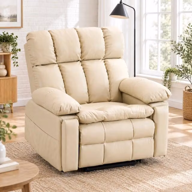 Poltrona Relax Elettrica con Doppio Motore, Funzione Alzapersone, Massaggio e Riscaldamento, Rivestimento in Tessuto Crema