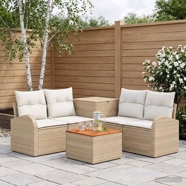 Set di divani da giardino vidaXL 6 posti con tavolino e pouf, beige e bianco crema, struttura in metallo e cuscini inclusi