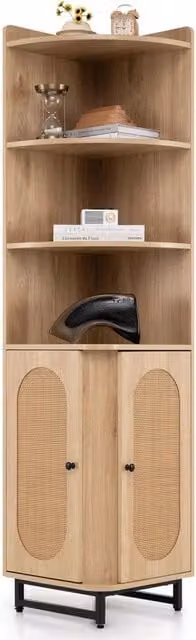 Armadietto Angolare Costway in Legno e Rattan Marrone con 2 Ante e Ripiani Regolabili, Altezza: 172 cm, L/P: 40 x 40 cm