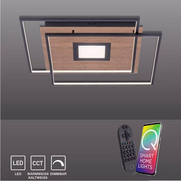 Selltec LED lampada da soffitto Q-AMIRA CCT cambio di colore della luce, telecomando dimmerabile, arredamento APP in legno soggiorno, camera da letto 8379-78, 8379-18, 8379-55
