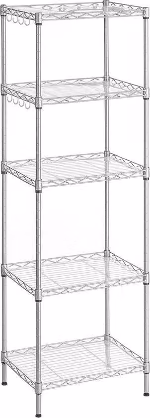 Scaffale da cucina a 5 livelli, scaffale in metallo, scaffale in piedi, scaffale a griglia regolabile in altezza, con pannelli in plastica PP, 8 ganci a S, per cucina, soggiorno, caricabile fino a 100 kg, argento