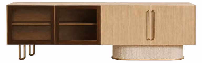 Elegante mobile TV basso in legno con frontale in vetro e spazio contenitivo di design