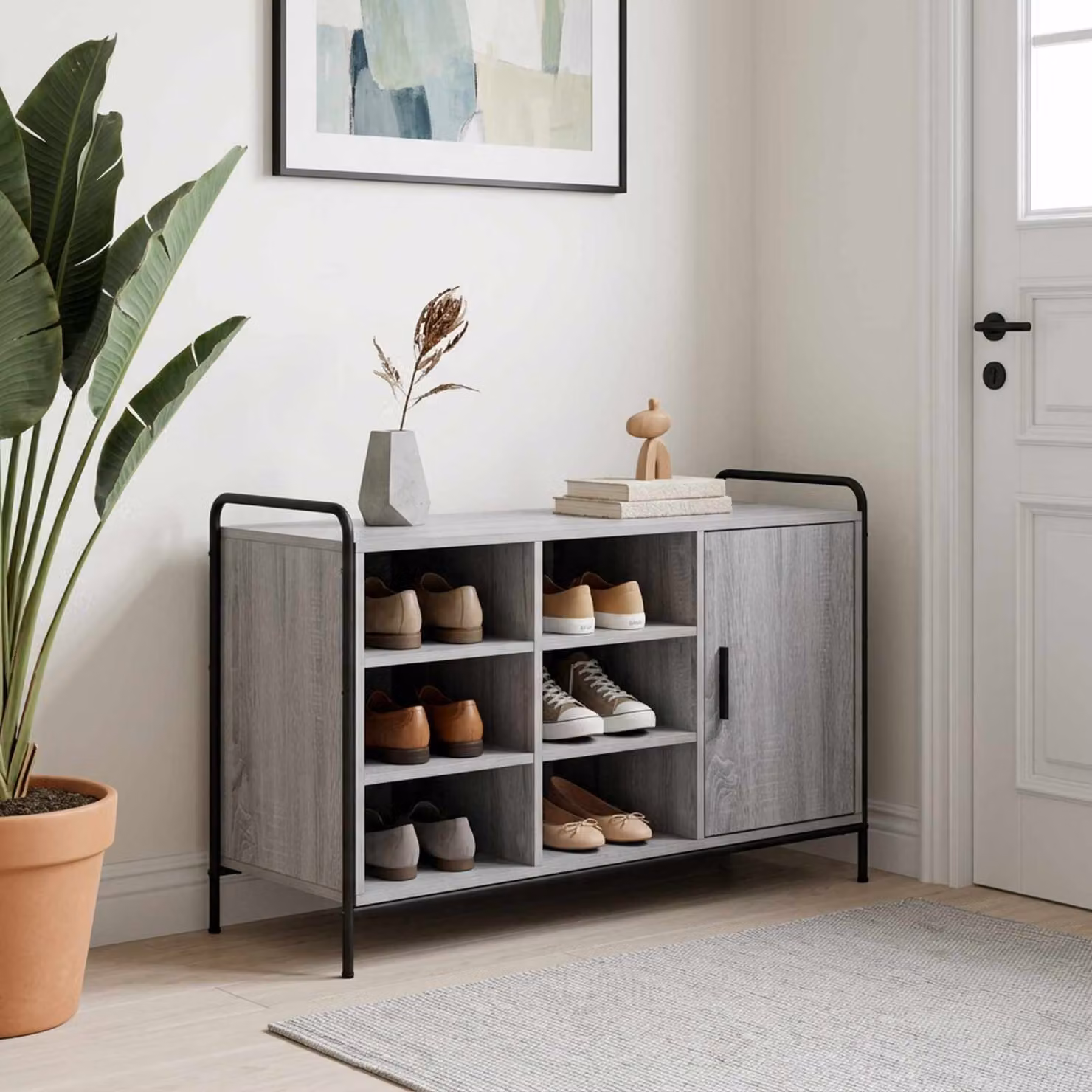 Mobile porta scarpe vidaXL moderno in legno e metallo, L/P/H: 100 x 39,5 x 55,5 cm, grigio o nero
