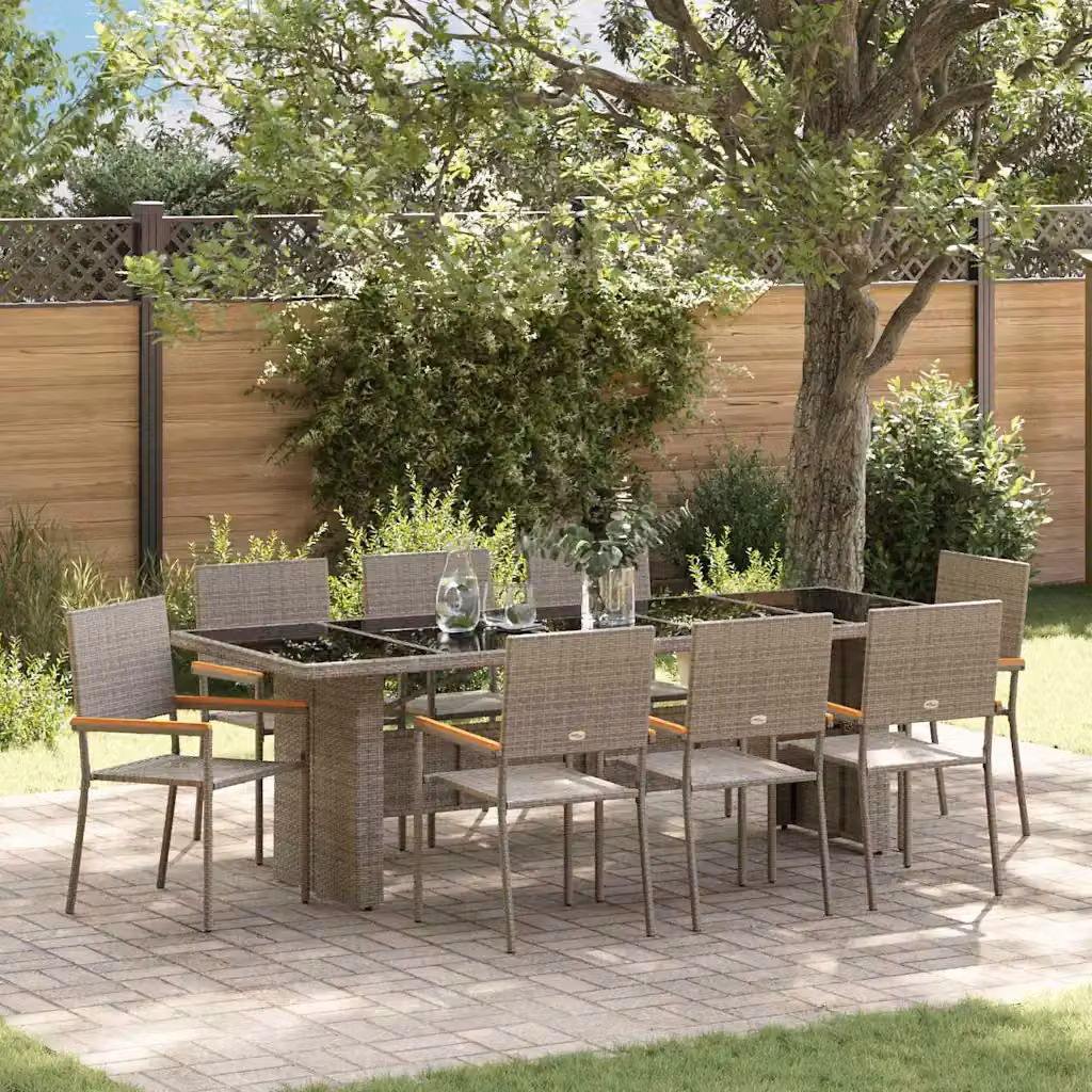 Set da pranzo per giardino e terrazzo vidaXL in polyrattan e legno di acacia, 9 pezzi, grigio e marrone – 1