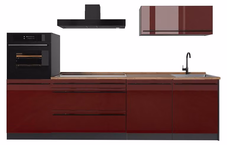 Cucina componibile Vicco R-Line Rosso lucido/Antracite 280 cm piano di lavoro Rovere dorato, Model 66470