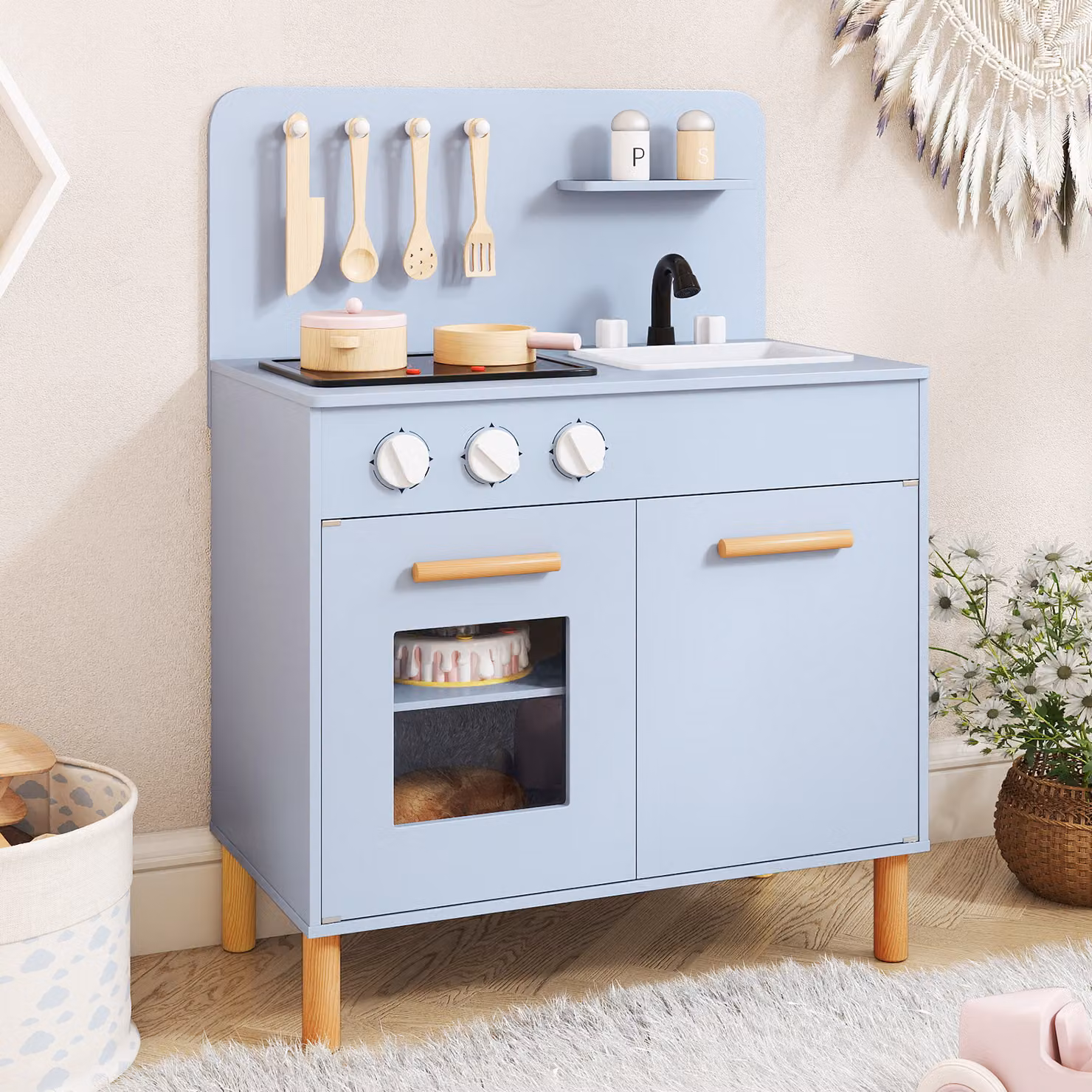 Set da cucina per bambini Costway in legno con luci e accessori, gioco educativo con spazio di archiviazione, Blu