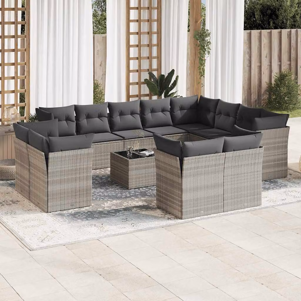 vidaXL Set Divani da Giardino a L con Cuscini Grigio Chiaro e Tavolino in Polyrattan e Metallo