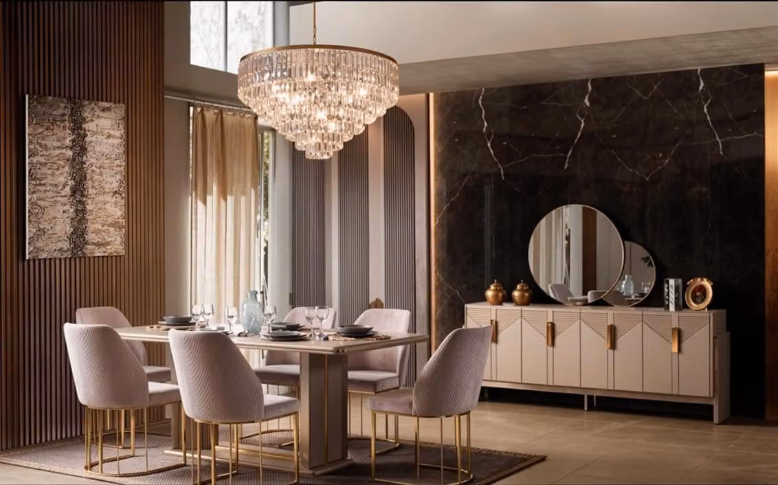 Set per sala da pranzo: tavolo, 6 sedie, consolle. Colore: beige. Stile: moderno, elegante