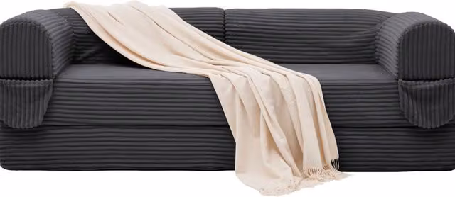 Divano Letto 2 Posti in Tessuto a Coste Beige, Futon Trasformabile per Soggiorno e Appartamenti