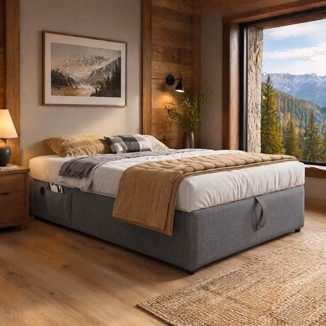 Letto contenitore singolo 90x200 cm in tessuto lino; USB e Type-C; grigio; senza testiera
