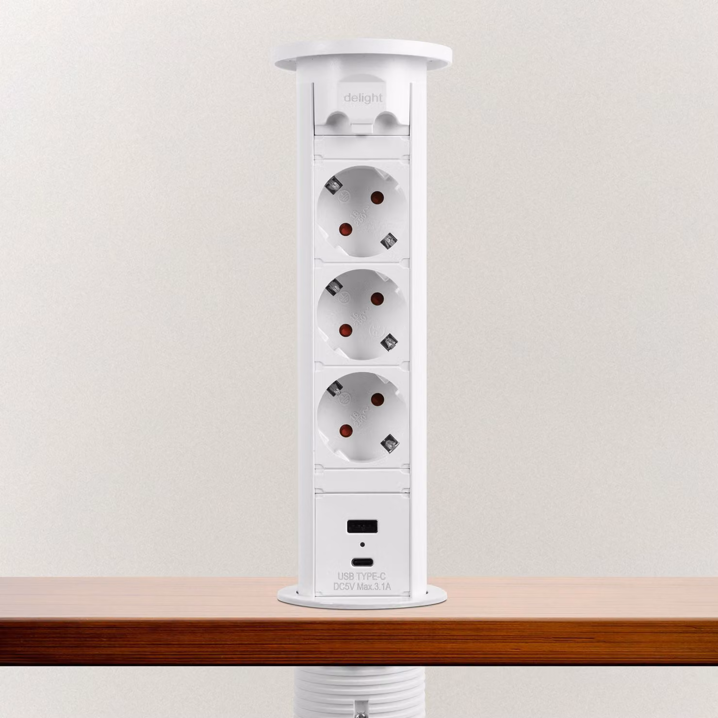 Presa a muro motorizzata a scomparsa – bianca, tripla con sicurezza bambini, 2x USB (3,1A), 230V 16A, 3500W [20451W]
