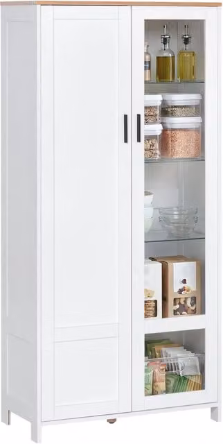 Credenza Moderna a 2 Ante con Mensole Regolabili in Legno e Vetro, 76x36x160cm, Bianco