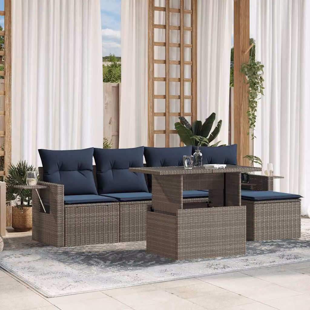 Set di divani da giardino vidaXL in 6 pezzi con cuscini in polyrattan e struttura in metallo, colore grigio e blu, design moderno a forma di L per esterno