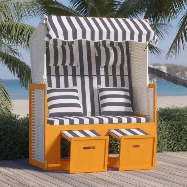 Strandkorb vidaXL in Polyrattan e Legno di Abete con Cuscini a Righe Blu e Bianco