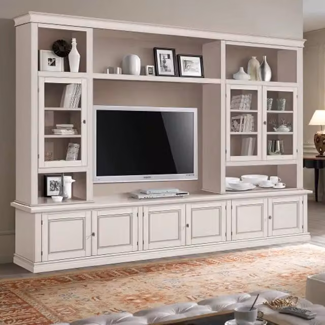 Parete attrezzata shabby chic in legno di pino bianco Mobili 2G L/P/H: 286 x 50 x 227 cm