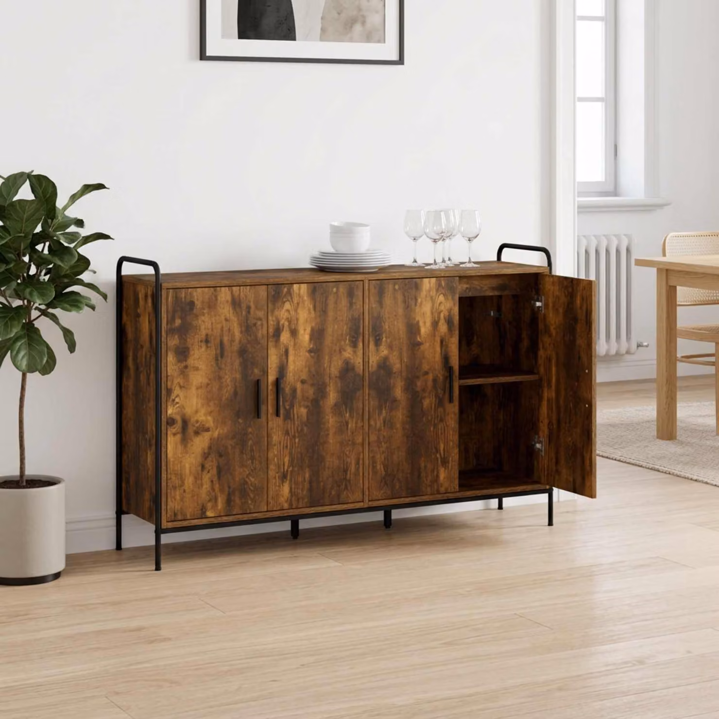 Credenza moderna vidaXL in legno ingegnerizzato e metallo, colore rovere fumo, L 97 x P 33 x H 81 cm