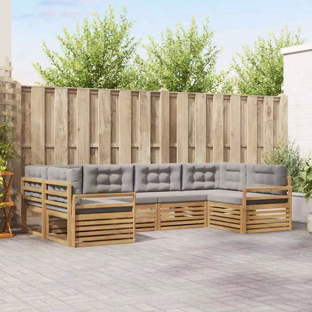 Set di divani da esterno a L vidaXL in legno di acacia con cuscini Bianco e Grigio – 1