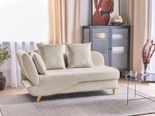 Chaise Longue in tessuto beige lato sinistro con contenitore soggiorno design moderno