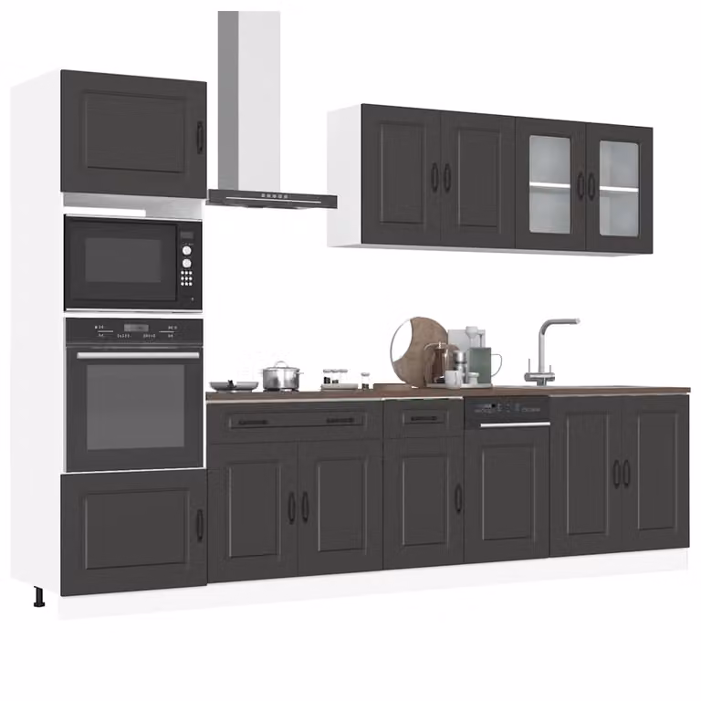 Set di mobili da cucina vidaXL Kalmar composto da 7 pezzi in legno e vetro, colore nero opaco, design moderno con ante in vetro