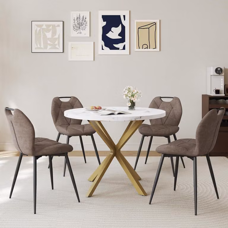 Set da pranzo con tavolo rotondo da 100 cm e 4 sedie imbottite, stile nordico, motivo marmorizzato, colore marrone