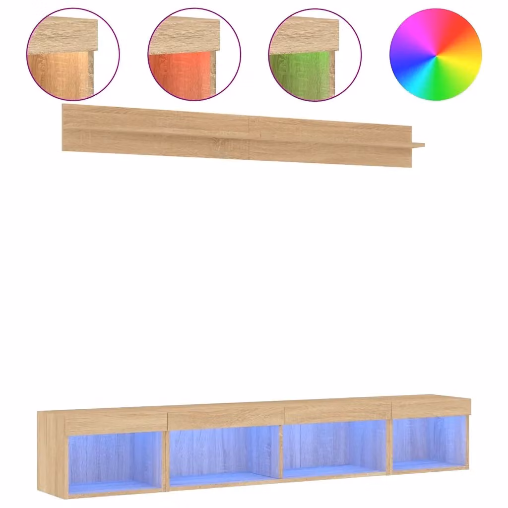 Mobile TV da parete vidaXL in legno multistrato con illuminazione LED integrata, Rovere Sonoma, Marrone e Beige – 2