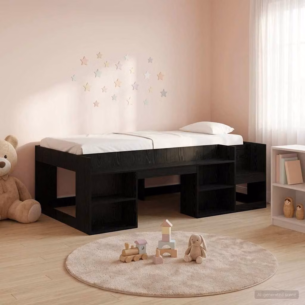 Letto singolo rialzato per bambini vidaXL con ripostiglio laterale in legno nero L/P/H: 200 x 120 x 127 cm