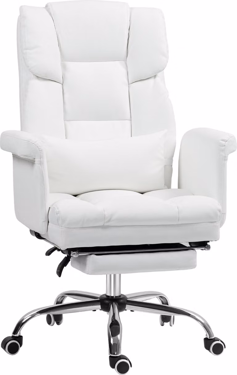 Sedia da ufficio Fortuna Lai, sedia da scrivania ergonomica con funzione reclinabile, cuscino lombare, sedia da computer regolabile in altezza con poggiapiedi, funzione girevole, per l'ufficio domestico, Pelle finta, bianca