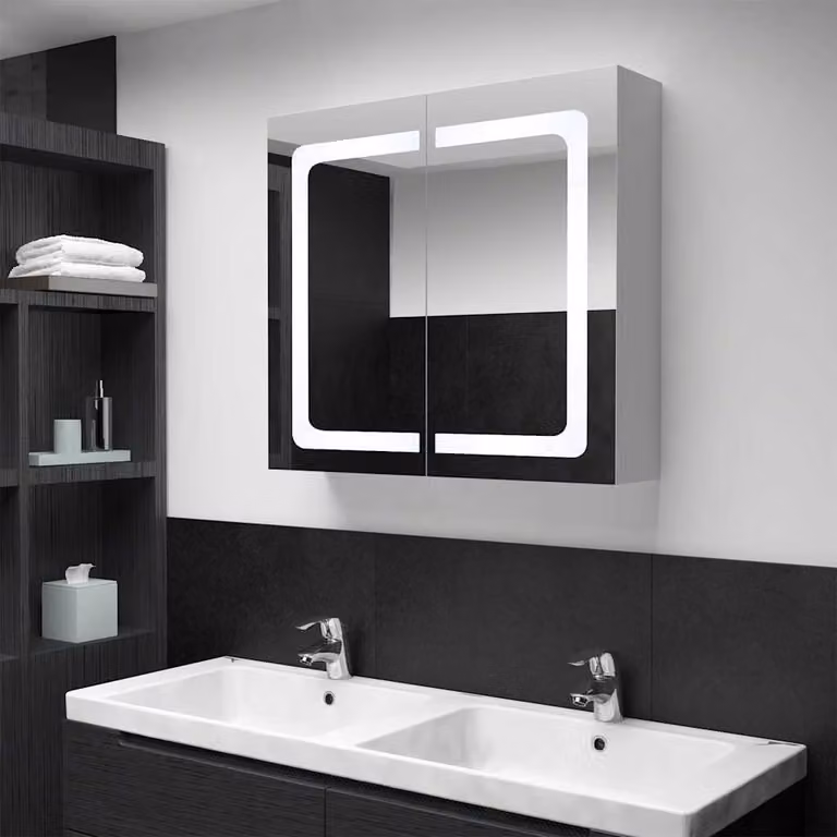Armadietto da bagno moderno vidaXL con specchio, illuminazione LED e ripiani interni, sospeso a parete, L: 80 cm, P: 12,2 cm, H: 68 cm