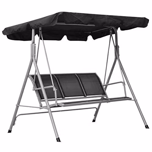 Bakaji Dondolo Da Giardino 3 Posti Colore Grigio Tetto Parasole Struttura in Acciaio Inox Seduta in Texilene Traspirante Dimensioni 175 x 112 x 155 cm (Nero)