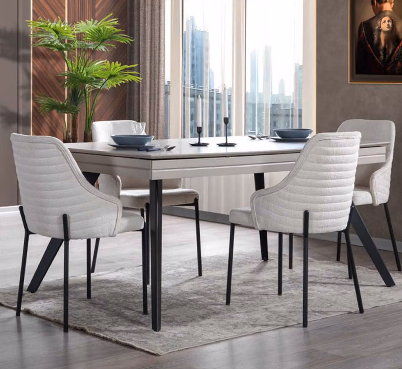 Weiße Esszimmer Garnitur Luxuriöse 6x Polsterstühle Rechteckiger Tisch