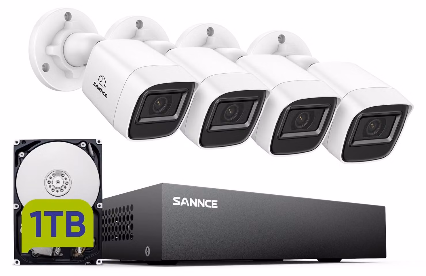 Kit di telecamere di sicurezza composto da 4 telecamere bullet bianche - Qualità video HD 1080p - Capacità di archiviazione di 1 TB