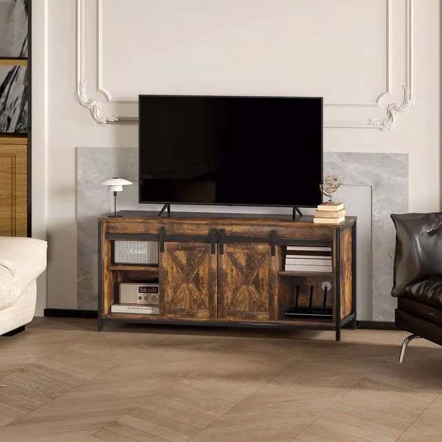 Mobile TV industriale WISHDOR in legno e metallo marrone e nero con 2 ante scorrevoli e 6 vani, L/P/H: 120 x 40 x 54 cm