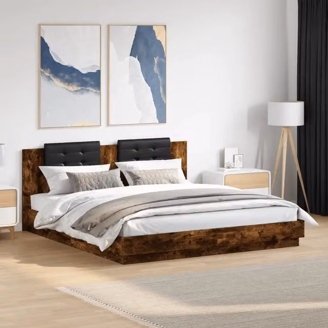Giroletto con Testiera e LED Rovere Fumo 200x200 cm 3209986