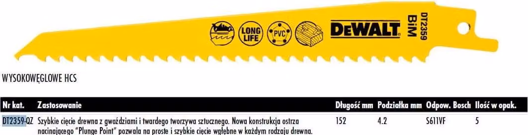 DEWALT Saebelsaegeblatt BIM Holz 152mm 6TPI