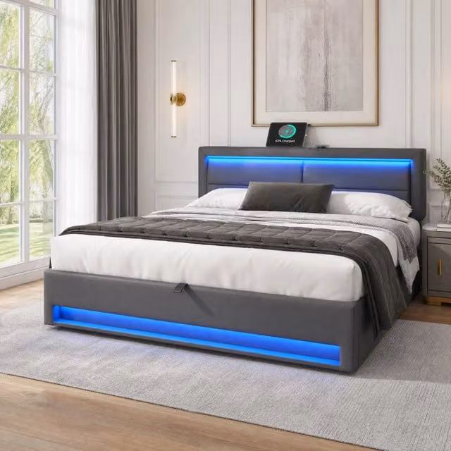 Letto imbottito ULEVR 160x200 cm con contenitore, LED 12 colori, ricarica USB e wireless, PU grigio