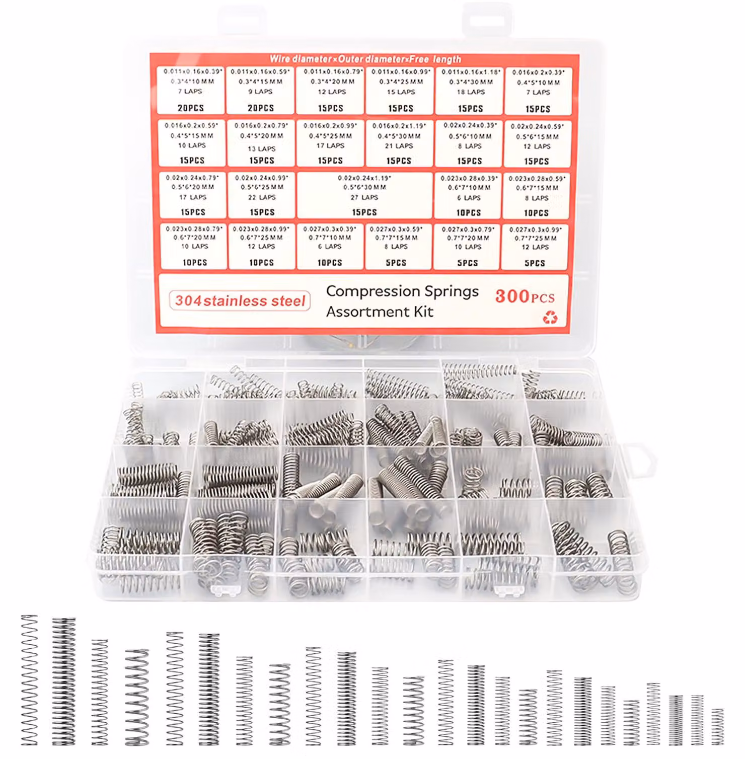 Set di molle a compressione, 300 pezzi, acciaio inossidabile 304, 23 diverse dimensioni