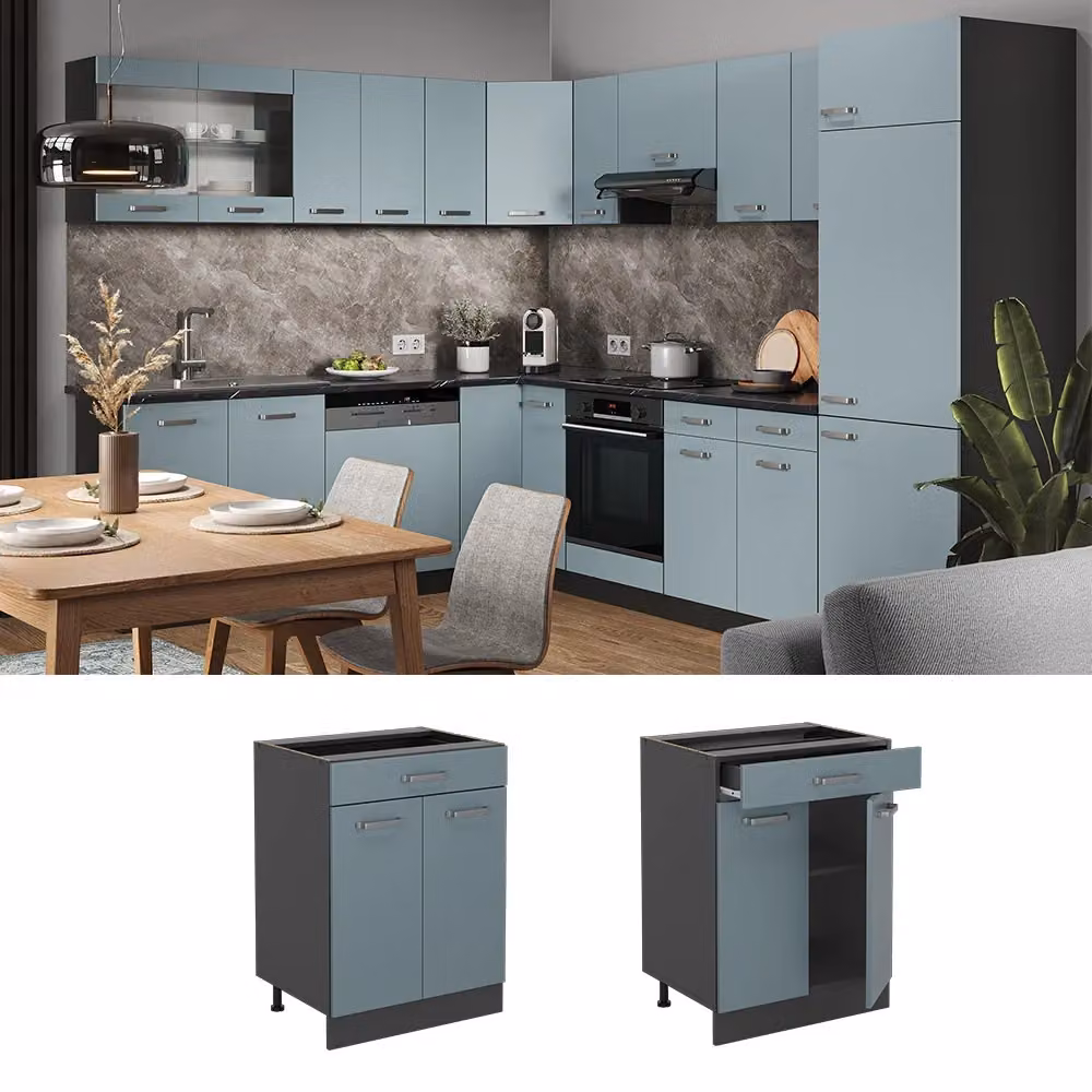 Mobiletto base per cucina Vicco R-Line Grigio-blu/Antracite con cassetto e ante, L: 60 cm – 2