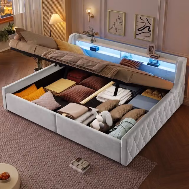 Letto contenitore Mivray bianco con testiera LED multicolore e vano idraulico L/P/H: 212 x 140 x 155 cm