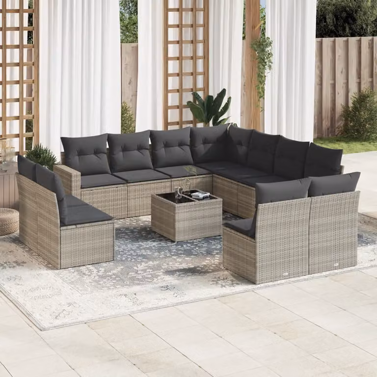 vidaXL Set Divano da Giardino a L 12 pz in Polyrattan Grigio con Cuscini e Tavolino da Caffè