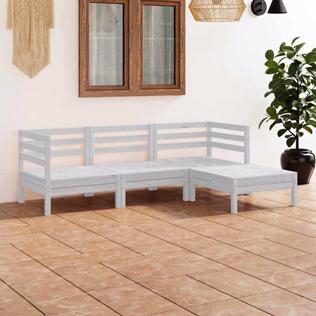 Set Salotto da Giardino vidaXL in Legno di Pino Bianco con Cuscini, Composizione a L con Divano a 3 Posti, Elemento Angolare e Pouf