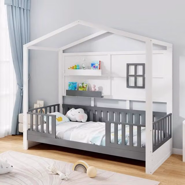 Letto Montessori a forma di casetta COSTWAY per bambini in legno di pino con mensole laterali e protezione anticaduta, Bianco e Grigio, L/P/H: 200 x 90 x 97 cm