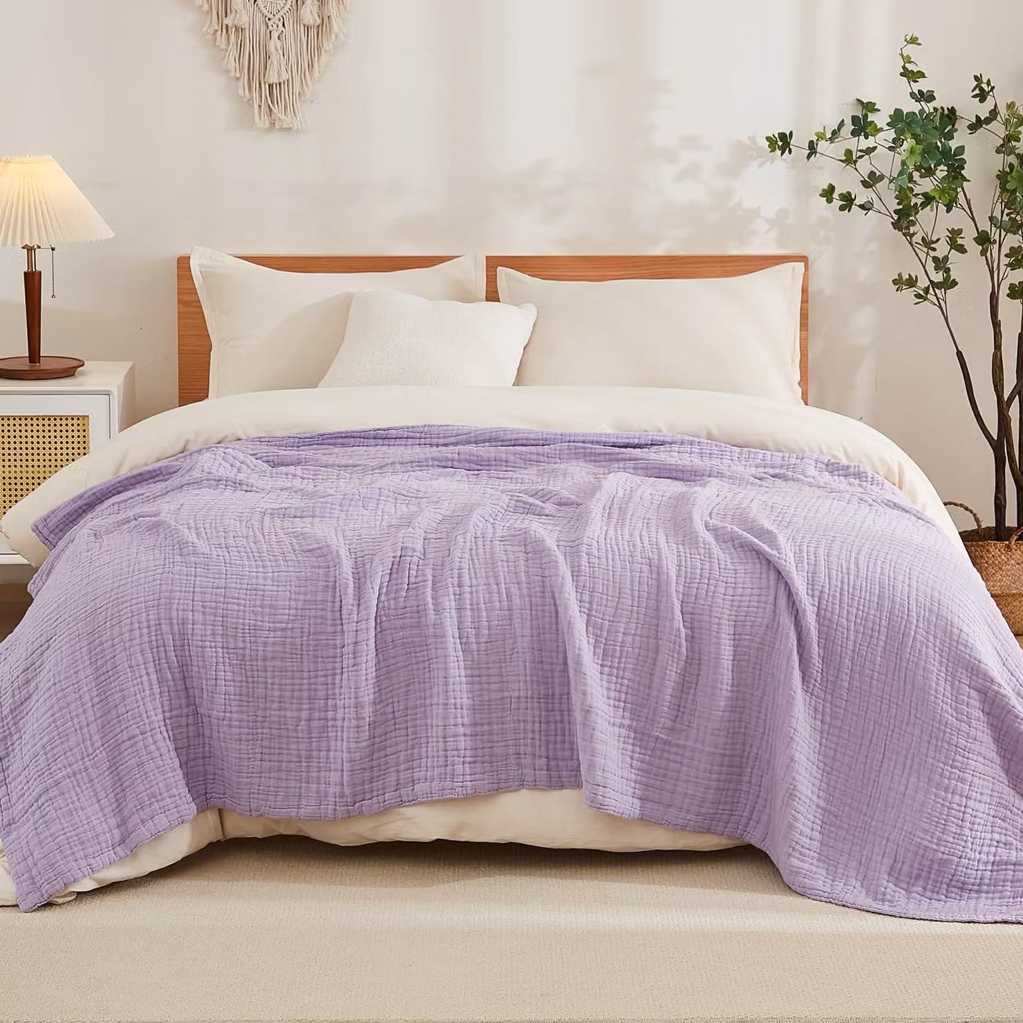 Coperta in mussola, super king size, 305x239 cm, color lavanda, a 4 strati, in cotone