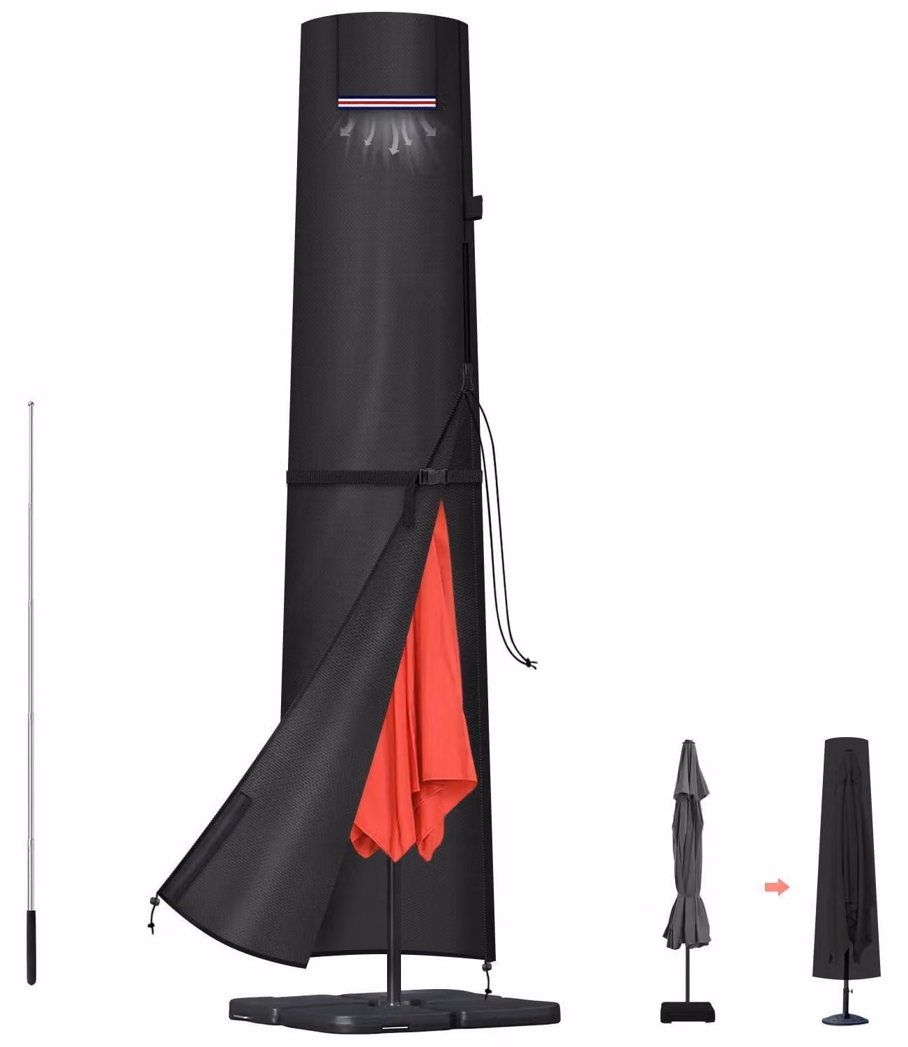 Copertura protettiva per ombrellone da giardino, diametro 400 cm, telo impermeabile per ombrellone a sospensione, dimensioni 250x30/50 cm, tessuto Oxford 420D, con asta
