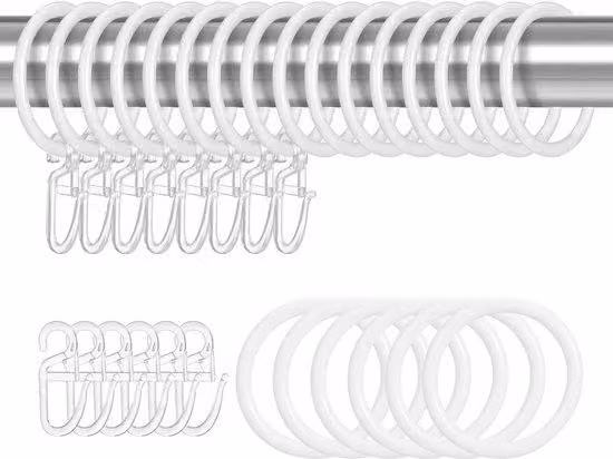Anelli e ganci per tende da 30 mm, 22 pezzi, metallo, plastica, bianco