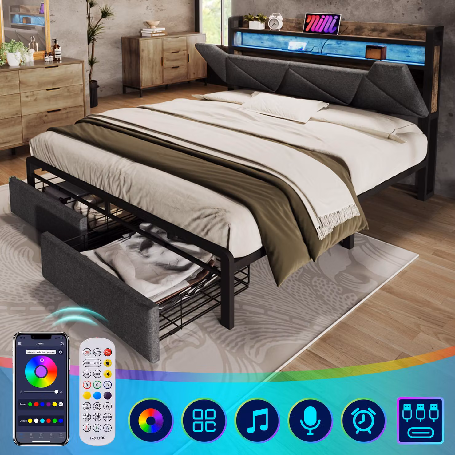Letto imbottito 160x200 cm con testiera contenitore, illuminazione LED, 3 porte USB e 1 porta di tipo C, 2 cassetti, rete metallica resistente fino a 200 kg, colore grigio, senza materasso
