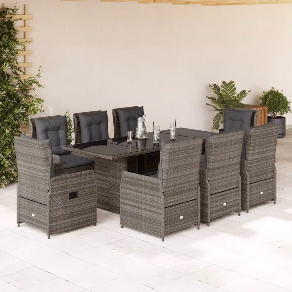 vidaXL Set da Pranzo da Giardino 9 pz in Polyrattan Grigio con Piano in Vetro